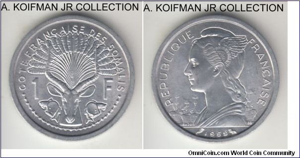 KM-8, 1959 French Somaliland franc; aluminum, plain edge; common 2-year issue, bright uncirculated.