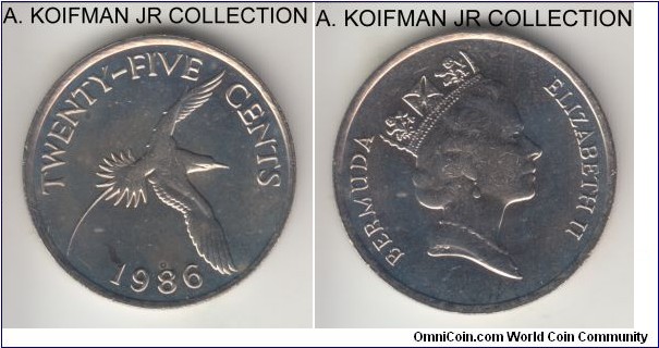 KM-47, 1986 Bermuda 25 cents; copper-nickel, reeded edge; Elizabeth II, average uncirculated.