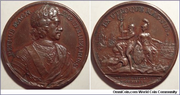 AE Medal on the Death of Peter the Great. Dies by J. A. Dassier. Laureate and armored bust of Peter I to right, a mantle over his left shoulder, ribbon of St. Andrew order on his chest. Rv. Neptune pointing at the Russian Fleet, and Minerva surrounded by instruments pointing at St. Petersburg. Diakov 63.12 (R3)