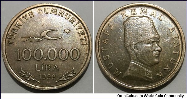 100.000 Lira (Republic of Turkiye / 75th Anniversary of the Republic // Nickel Brass)