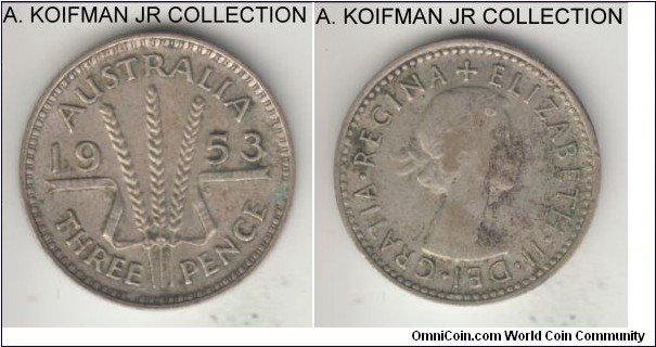 KM-51, 1953 Australia 3 pence, Melbourne mint (no mint mark); silver, plain edge; Elizabeth II, average circulated.