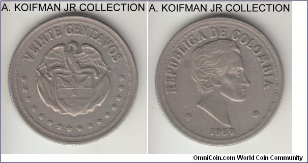 KM-215.1, 1959 Colombia 20 centavos; copper-nickel, reeded edge; good very fine or so, 9 in the date is angled with what looks like re-cut date die.