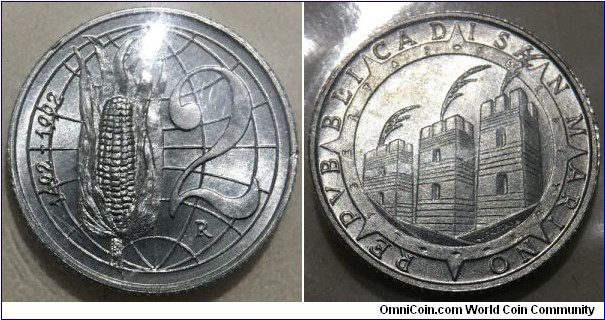 2 Lire (Republic of San Marino / 500th Anniversary of Colombus Discovery of America 1492-1992 // Aluminium / Low Mintage: 36.000 pcs)