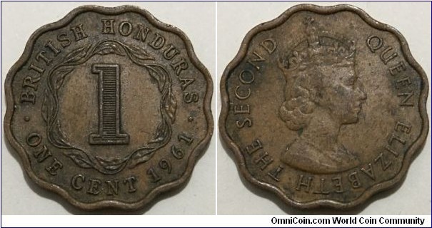 1 Cent (Crown Colony of British Honduras / Queen Elizabeth II // Bronze 2.6g / Mintage: 800.000 pcs)