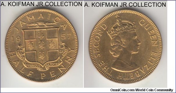 KM-36, 1957 Jamaica half penny; nickel-brass, plain edge; Elizabeth II, bright average uncirculated.