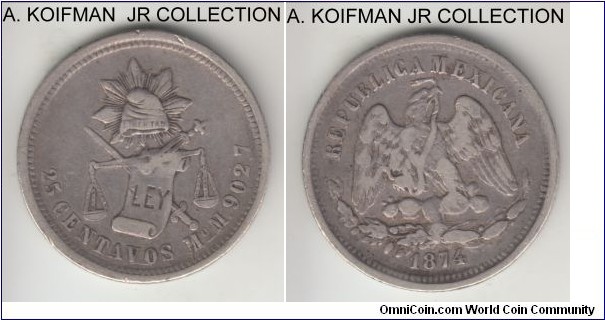 KM-406.7, 1874 Mexico 25 centavos, Mexico mint (Mo mint mark); silver, reeded edge; Second Republic period, good fine or so, infrequent year/mint.