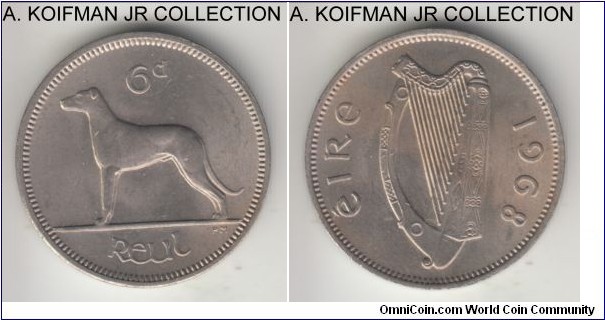 KM-13a, 1968 Ireland 6 pence; copper-nickel, plain edge; late Republican pre-decimal coinage, choice uncirculated.