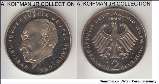 KM-124, 1984 Germany (Federal Republic) 2 mark, Stuttgart mint (F mint mark); copper-nickel, lettered edge; Conrad Adenauer circulation commemorative, business strike from mint set, very small mintage of 60,000, uncirculated with proof like appearance in the fields.
