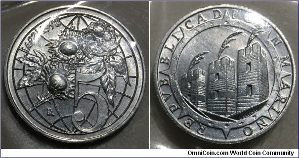 5 Lire (Republic of San Marino / 500th Anniversary of Colombus Discovery of America 1492-1992 // Aluminium / Low Mintage: 36.000 pcs)