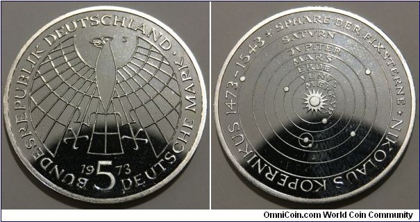 5 Deutsche Mark (West Germany - Federal Republic / 500th Anniversary - Birth of Nicolaus Copernicus // SILVER 0.625 / 11.2g / ⌀29mm / Mintage: 250.000 pcs / Proof) 