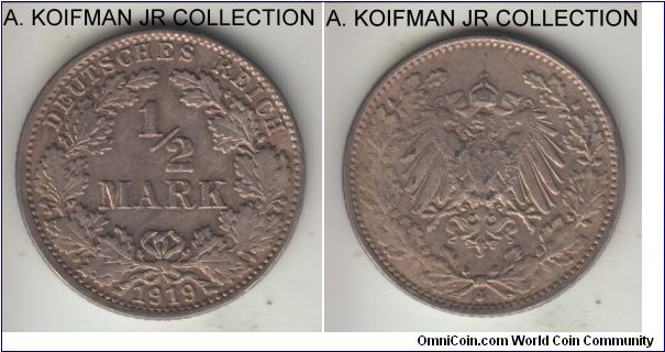 KM-17, 1919 Germany (Empire) 1/2 mark, Hamburg mint (J mint mark); silver, reeded edge; last Wilhelm II, mintage for all mints was small, weaker strike and reverse strike doubling or doubled die, good extra fine.