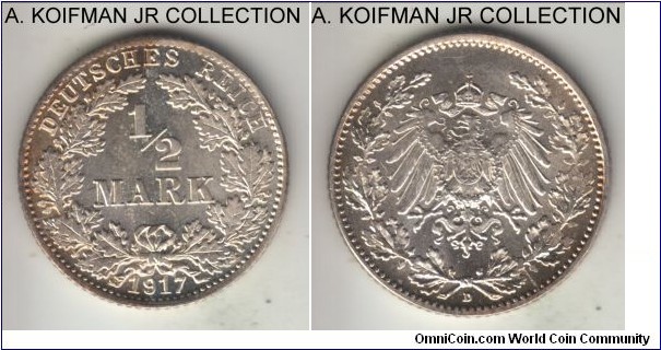 KM-17, 1917 Germany (Empire) 1/2 mark, Munich mint (D mint mark); silver, reeded edge; Wilhelm II imperial coinage, small war-time mintage but likely well hoarded, white choice or better uncirculated.