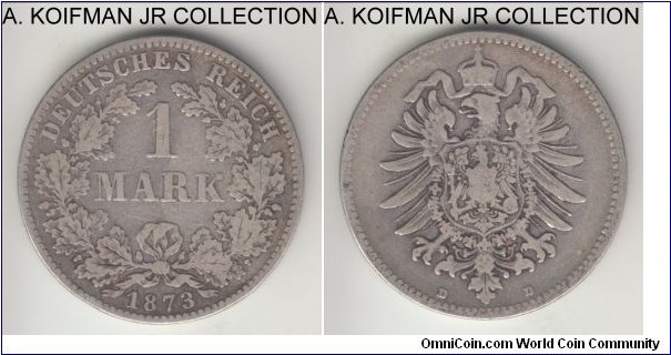 KM-7, 1873 Germany (Empire) mark, Munich mint (D mint mark); silver, reeded edge; Wilhelm I, first united Germany coinage, fine or almost.