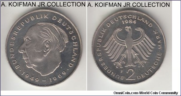 KM-A127, 1984 Germany (Federal Republic) 2 mark, Stuttgart mint (F mint mark); copper-nickel, lettered edge; Theodor Heuss circulation commemorative, business strike from mint set, mintage of 60,000 (Krause), uncirculated with proof like appearance in the fields and partial reverse light toning.