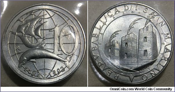 10 Lire (Republic of San Marino / 500th Anniversary of Colombus Discovery of America 1492-1992 // Aluminium)