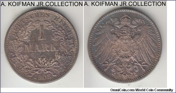 KM-14, 1908 Germany (Empire) mark, Stuttgart mint (F mint mark); silver, reeded edge; Wilhelm II, good extra fine details, darker toning, patchy in places.
