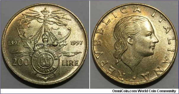 200 Lire (Italian Republic / Centennial of the Italian Naval League // Bronzital Alloy 5g)

