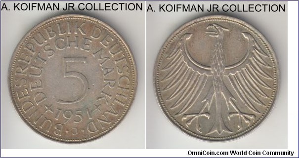 KM-112.1, Germany 5 mark, Hamburg mint (J mint mark); silver, lettered edge; first year of the long running circulation type, pleasantly toned good very fine.