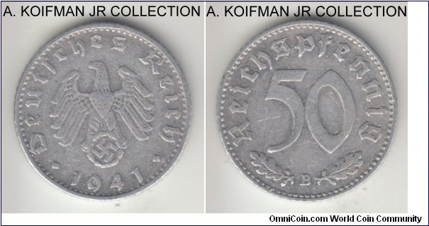 KM-96, Germany (Third Reich) 50 reichspfennig, Vienna mint (B mint mark); aluminum, reeded edge; scarcer mint, war time issue, average circulated, very fine details.