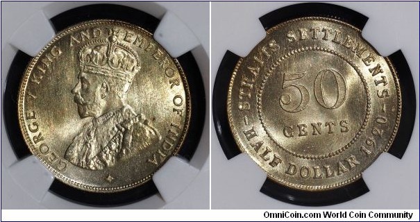 SS Kg George V
Denomination : 50 cts. 
Composition : Silver 500 Fine
Denomination : 50cts 
Year : 1920
Mintage : 3,900,051
Grade : NGC MS65