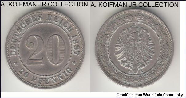 KM-9.1, 1887 Germany 20 pfennig, Karlsruhe mint (G mint mark); copper-nickel, plain edge; Wilhelm I, short lived 2-year type, smallest mintage of the type for both years, good very fine to extra fine details, likely cleaned.