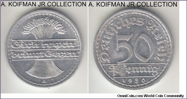 KM-27, 1920 Germany (Weimar Republic) 50 pfennig, Berlin mint (A mint mark); aluminum, reeded edge; early Weimar mintage, bright uncirculated, obverse spot of aluminum rust.