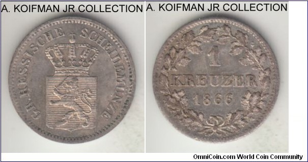 KM-339, 1866 German State Hesse Darmstadt kreuzer; silver, plain edge; late pre-unification type and common, weakly struck (as common) uncirculated with most of the luster remaining.