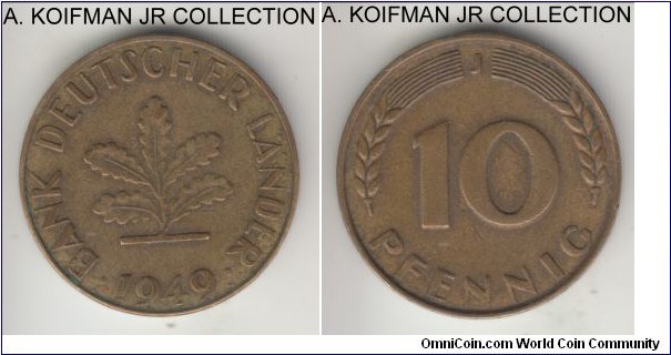 KM-103, 1949 Germany (Federal Republic) 10 pfennig, Hamburg mint (J mint mark); brass clad steel, plain edge; first post war issue by the German Lands bank and a 1-year type, large J variety, average circulated.