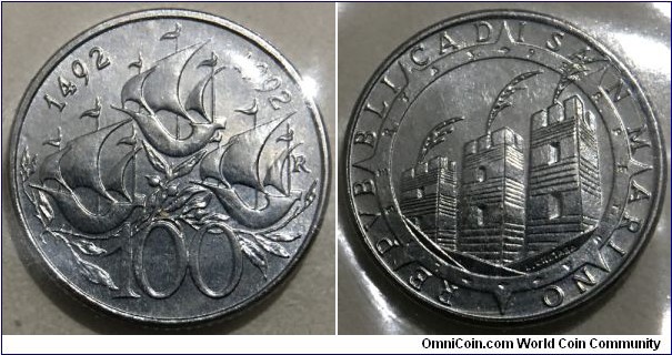 100 Lire (Republic of San Marino / 500th Anniversary of Colombus Discovery of America 1492-1992 // Stainless Steel / Low Mintage: 45.000 pcs)