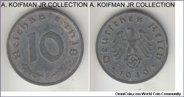 KM-101, 1940 Germany 10 reichspfennig, Stuttgart mint (F mint mark); zinc, plain edge; Tird Reich war time circulation issue, good very fine, typical zinc aging surfaces.