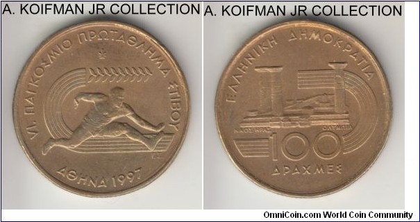 KM-169, 1997 Greece 100 drachmas; aluminum-bronze, segment reeded edge; VI Universal Track Championship Games circulation commemorative, average uncirculated.