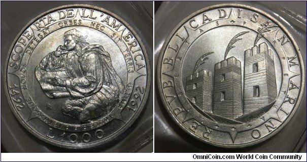 1000 Lire (Republic of San Marino / 500th Anniversary of Colombus Discovery of America 1492-1992 // SILVER 0.835 / 14.6g / ⌀31.4mm / Low Mintage: 45.000 pcs)
