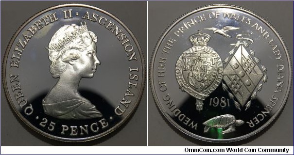 25 Pence (Ascension Island - British Overseas Territory / Queen Elizabeth II / Wedding of Prince Charles and Lady Diana // SILVER 0.925 / 28.28g / ⌀38.5mm / Low Mintage: 30.000 pcs / PROOF)
