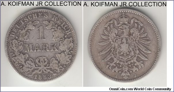 KM-7, 1883 Germany (Empire) mark, Hamburg mint (J mint mark); silver, reeded edge; Wilhelm I, scarce with small mintage, decent fine or about.