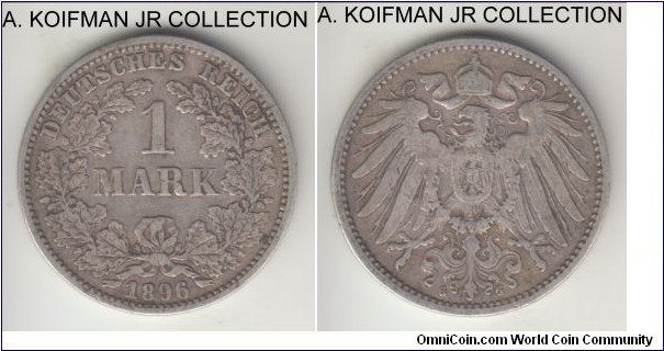 KM-14, 1896 Germany mark, Karlsruhe mint (G mint mark); silver, reeded edge; Wilhelm II, smaller mintage year/mint, very fine or almost.