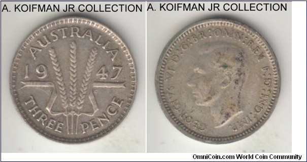 KM-37a, 1947 Australia 3 pence; Melbourne mint (no mint mark); silver, plain edge; George VI, 2-year type, average circulated very fine details.