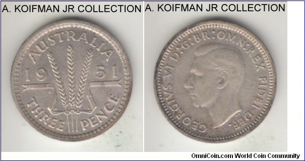 KM-44, 1951 Australia 3 pence, London mint (PL mint mark); silver, plain edge; last George VI type, almost extra fine.