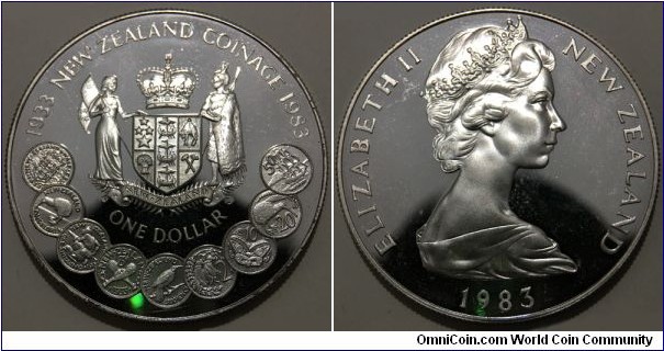 1 Dollar (Commonwealth - State of New Zealand / Queen Elizabeth II / 50th Anniversary of New Zealand Coinage // SILVER 0.925 / 27.22g / ⌀38.735mm / Low Mintage: 18.000 pcs / PROOF)