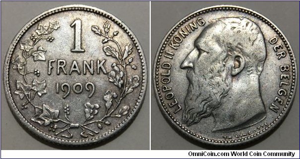 1 Frank (Kingdom of Belgium / King Leopold II // SILVER 0.835 / 5g / ⌀23mm) 