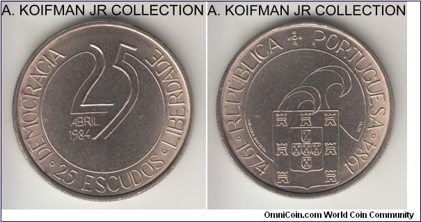 KM-623, 1984 Portugal 25 escudos; copper-nickel, reeded edge; 1-year circulation commemorative of the 10'th anniversary of the 1974 Carnation Revolution, uncirculated, some toning around rims.