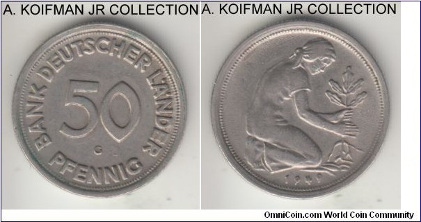 KM-104, Germany (Federal Republic) 50 pfennig, Karlsruhe mint (G mint mark); copper-nickel, reeded edge; first West German issue by the German Lander Bank, 1-year type, decent grade, very fine or so.