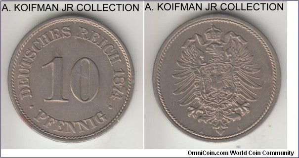 KM-6, 1875 Germany (Empire) 10 pfennig, Berlin mint (A mint mark); copper-nickel, plain edge; Wilhelm I, early post-unification coinage, good extra fine details, possibly cleaned in the past.