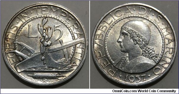 5 Lire (Republic of San Marino // SILVER 0.835 / 5g / ⌀23mm / Low Mintage: 100.000 pcs)
