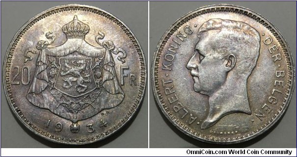 20 Francs (Kingdom of Belgium / King Albert I // SILVER 0.680 / 11g / ⌀28mm) 