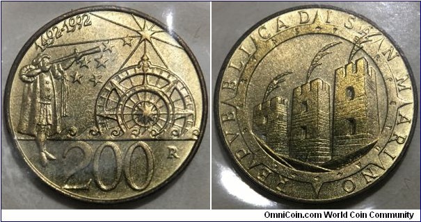 200 Lire (Republic of San Marino / 500th Anniversary of Colombus Discovery of America 1492-1992 // Aluminium-Bronze / Low Mintage: 36.000 pcs)
