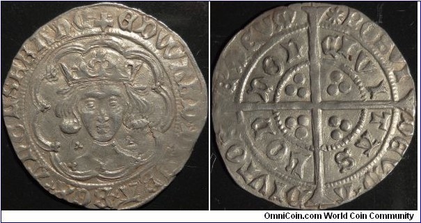 AR Groat Edward IV (light coinage). Struck 1469-1470 M/M  Long Crucifix /  Sun. Obv legend:  EDWARD DI GRA REX ANGL Z FRANC ( Edward by the Grace of God King of England and France). Rev: POSVI DEVM ADIVTOREM MEVM
CIVITAS LONDON (I have made God my helper
City of London). Found in Sherdington Glds in 1983. Sp#2003