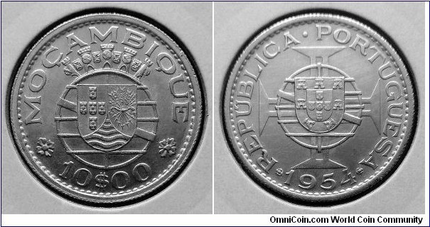 Mozambique 10 escudos. 1954, Portugal administration. Ag 720. Weight; 5g. Diameter; 24mm. Mintage: 1.335.000 pcs.