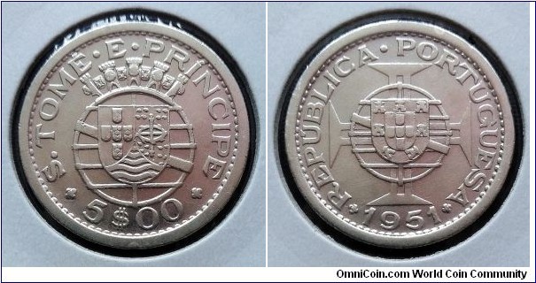 Sao Tome and Principe 5 escudos. 1951, Portugal administration. Ag 650. Weight; 7g. Diameter; 25mm. Mintage: 72.000 pcs.