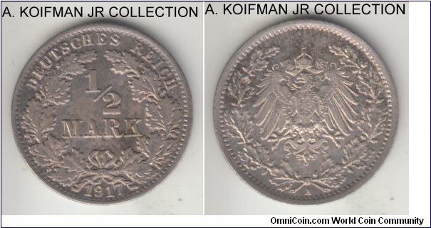 KM-17, 1917 Germany (Empire) 1/2 mark, Berlin mint (A mint mark); silver, reeded edge; Wilhelm II, common year/mint, uncirculated or almost and toned in places.