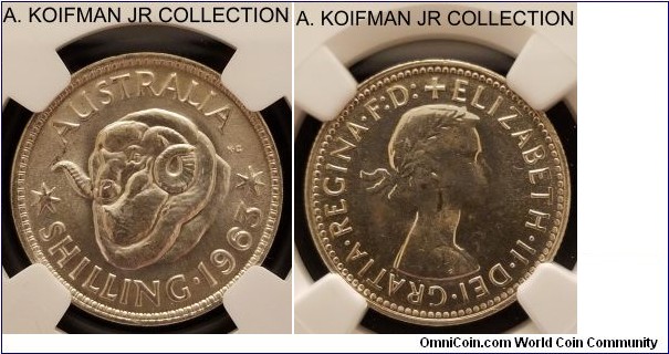 KM-59, 1963 Australia shilling, Melbourne mint; silver, reeded edge; Elizabeth II, NGC graded MS 65, slight weakness on obverse with the QEII portrait sunk into the flan.